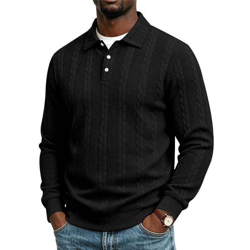 Herren Gestrickter Polokragenpullover mit Zopfmuster und feiner Knopfleiste Echoarchiv