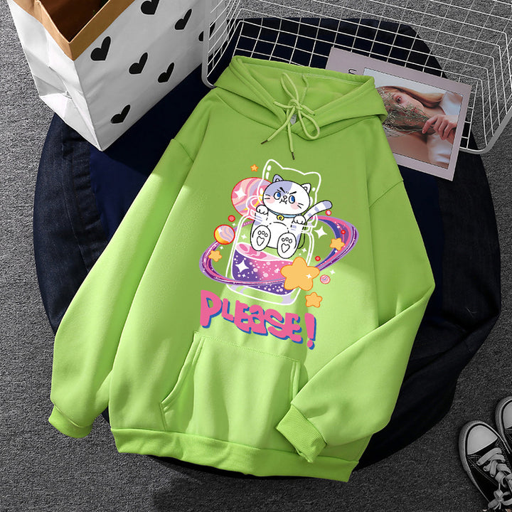 Damen oversized Kapuzenpullover im Streetstyle mit weichem Fleece-Innenfutter, Kängurutasche und farbenfrohem Cartoon-Katzen-Planet-Print – Auréline