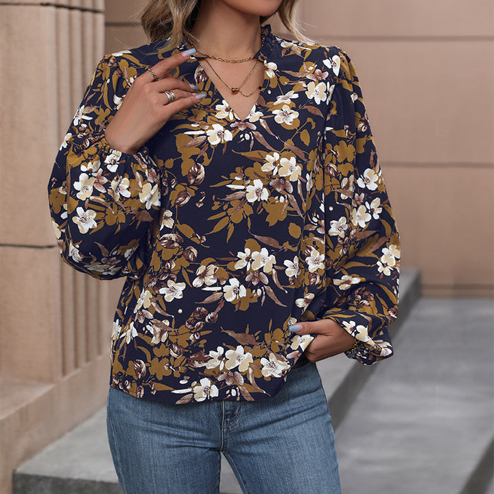 Damen Leichte Chiffonbluse mit floralem Alloverprint, V-Ausschnitt und voluminösen Bündelärmeln Echoarchiv