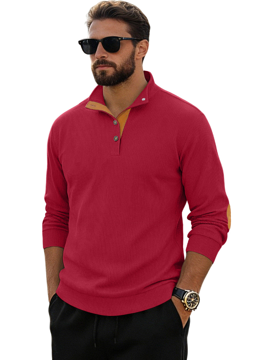 Herren nan fein gerippter Strickpullover mit Polokragen Knopfleiste und Ellenbogenbesatz Echo Archiv