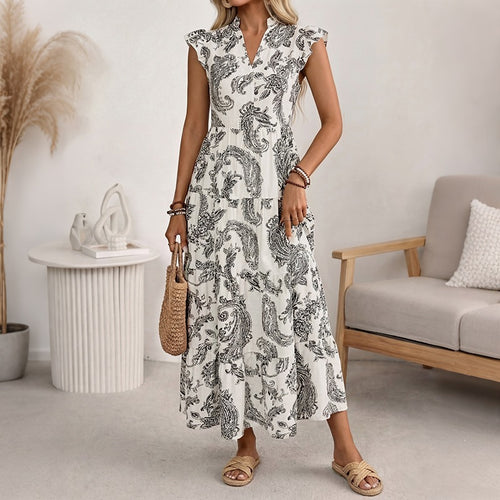 Damen Maxikleid mit Paisley‑Print, V‑Ausschnitt und Stufenrock Echoarchiv