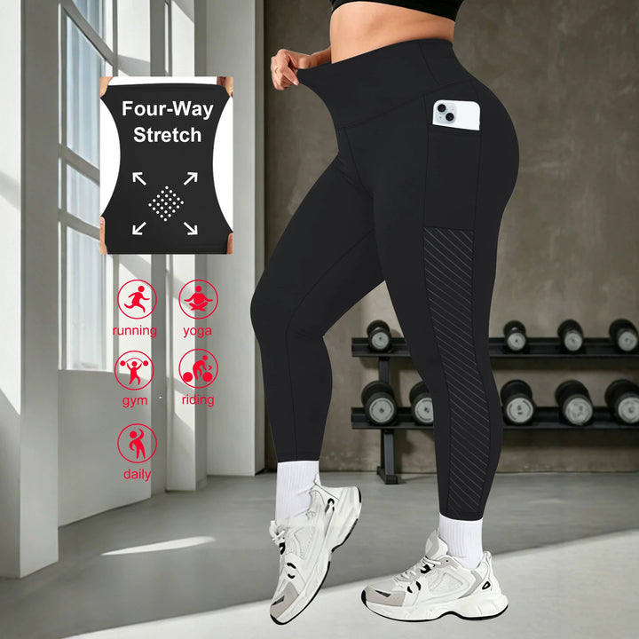 Damen High-Waist Sportleggings knöchellang mit seitlicher Handytasche und Struktur-Panel echoarchiv-