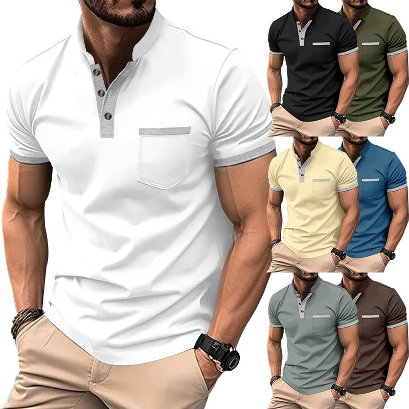 Herren Kurzarm-Henley-T-Shirt mit Button-Down-Kragen und Brusttasche Echoarchiv