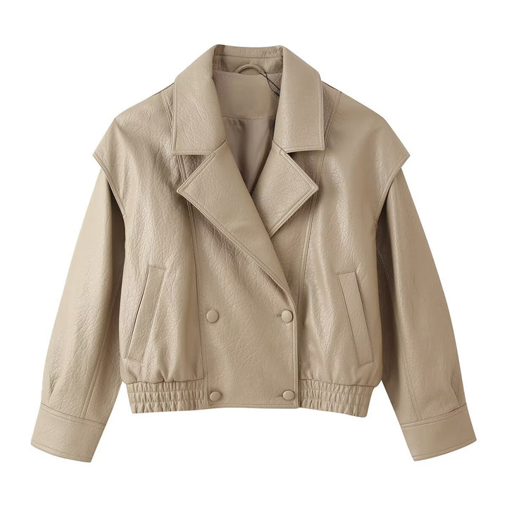 Damen Cropped Lederoptik‑Blouson mit Doppelreihe, elastischem Saum und Oversize‑Revers Echoarchiv