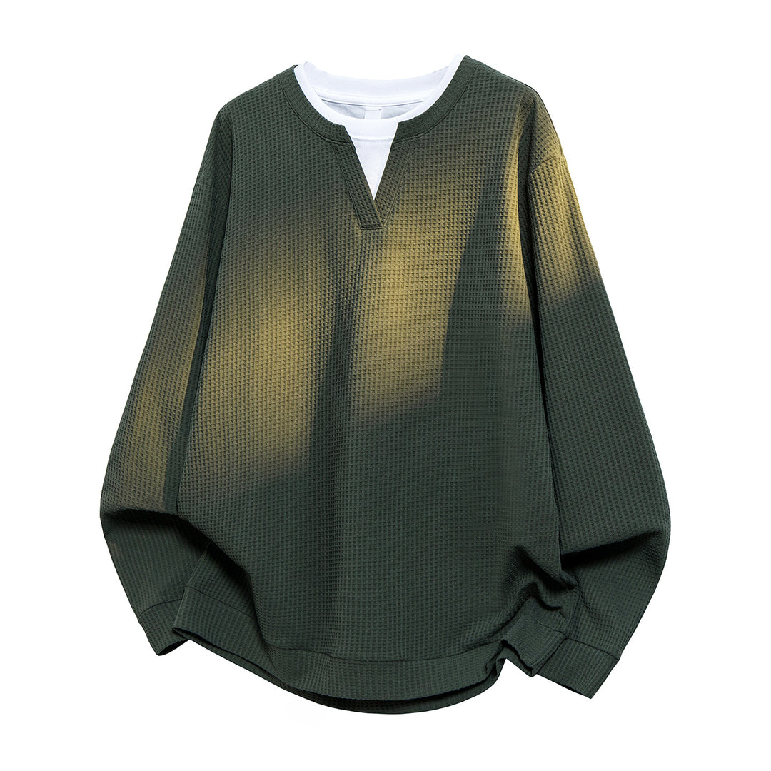 Herren Oversize Waffelstruktur-Langarmshirt mit V‑Einsatz und Layering-Optik Echo Archiv