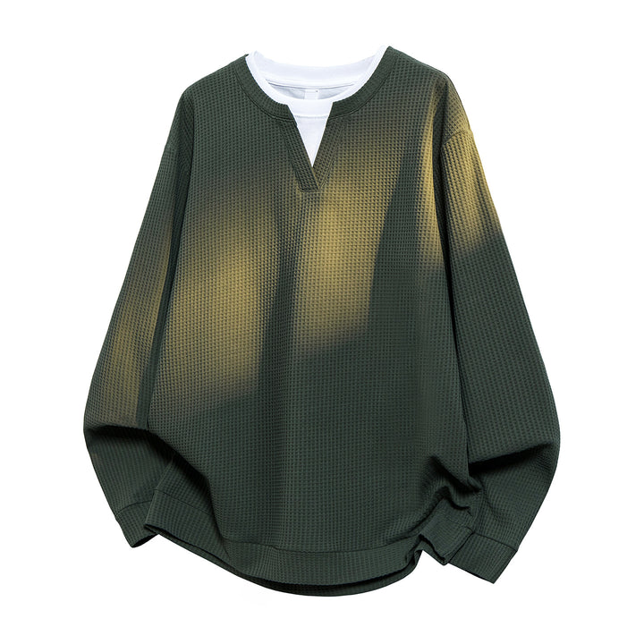Herren Oversize Waffelstruktur-Langarmshirt mit V‑Einsatz und Layering-Optik Echo Archiv