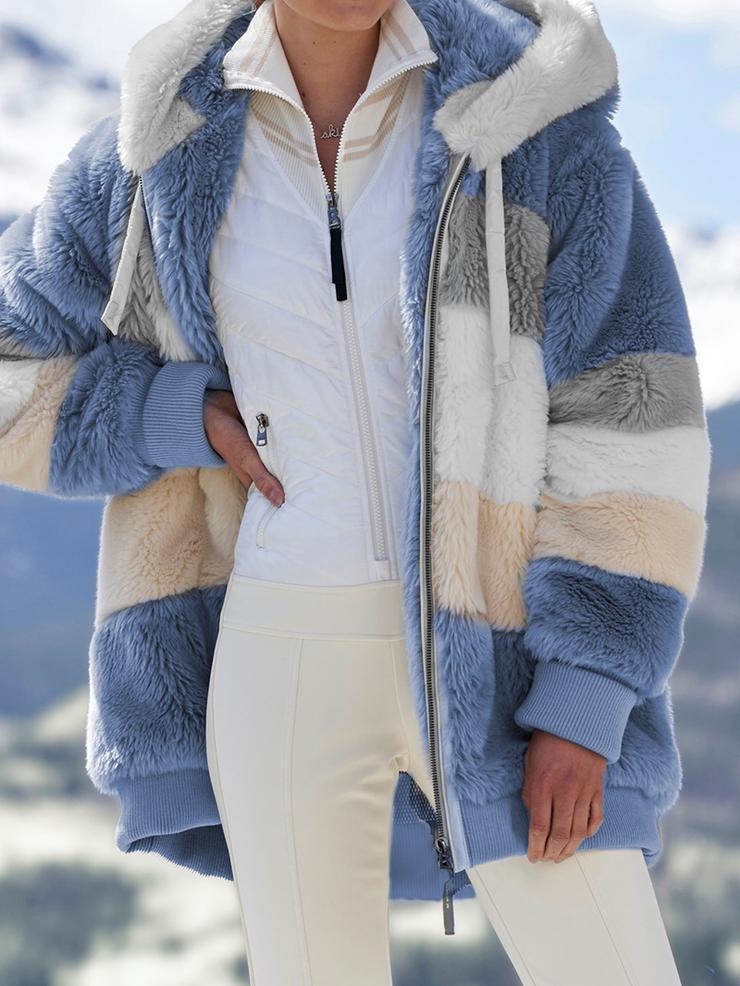 Damen nan oversized Kapuzenjacke aus Kunstfell mit Colourblock-Design, Zweiwege-Reißverschluss und Rippbündchen Echo Archiv