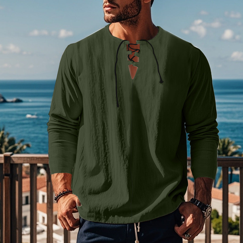Herren lässiges Langarmshirt mit modischem Schnürdesign und atmungsaktiver Textur Echoarchiv