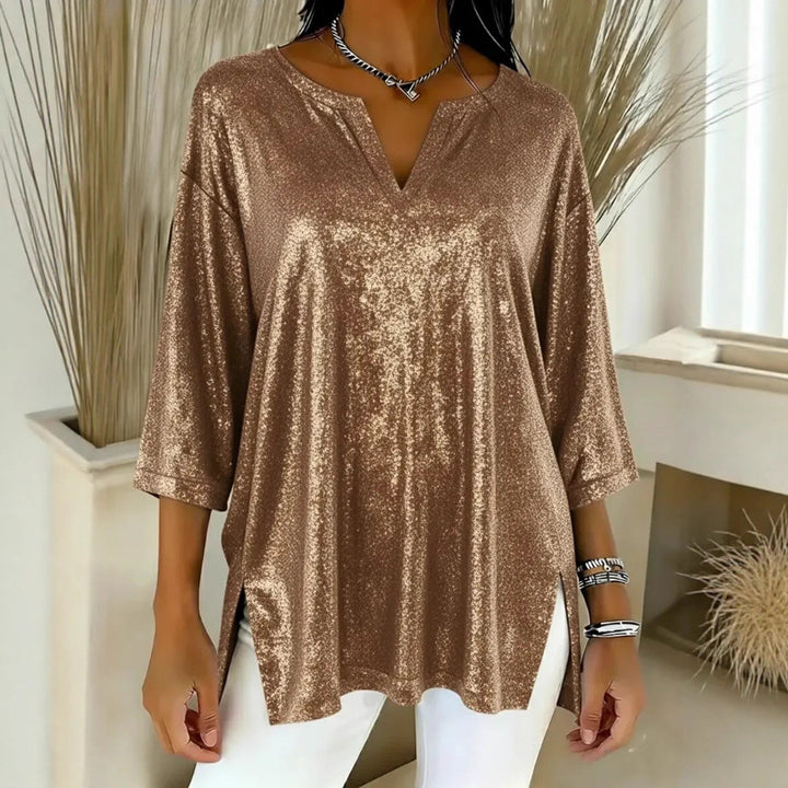 Damen Glitzerndes Oversize-Longshirt mit V-Ausschnitt und seitlichen Schlitzen Echoarchiv