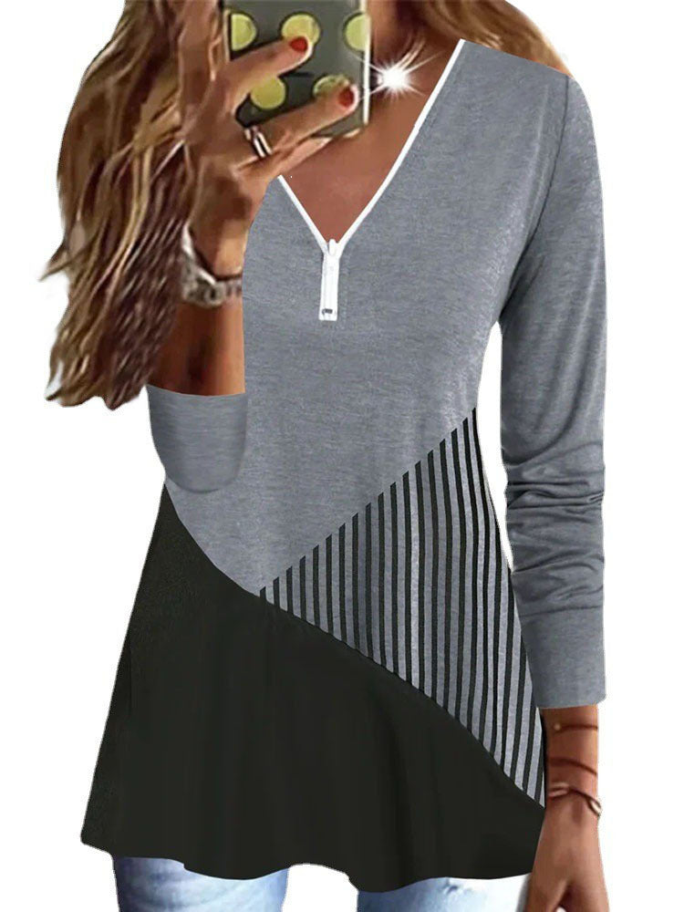Damen Langärmeliges V-Ausschnitt Zip-Tunikaoberteil mit asymmetrischem Streifen‑Colorblock – Avérine