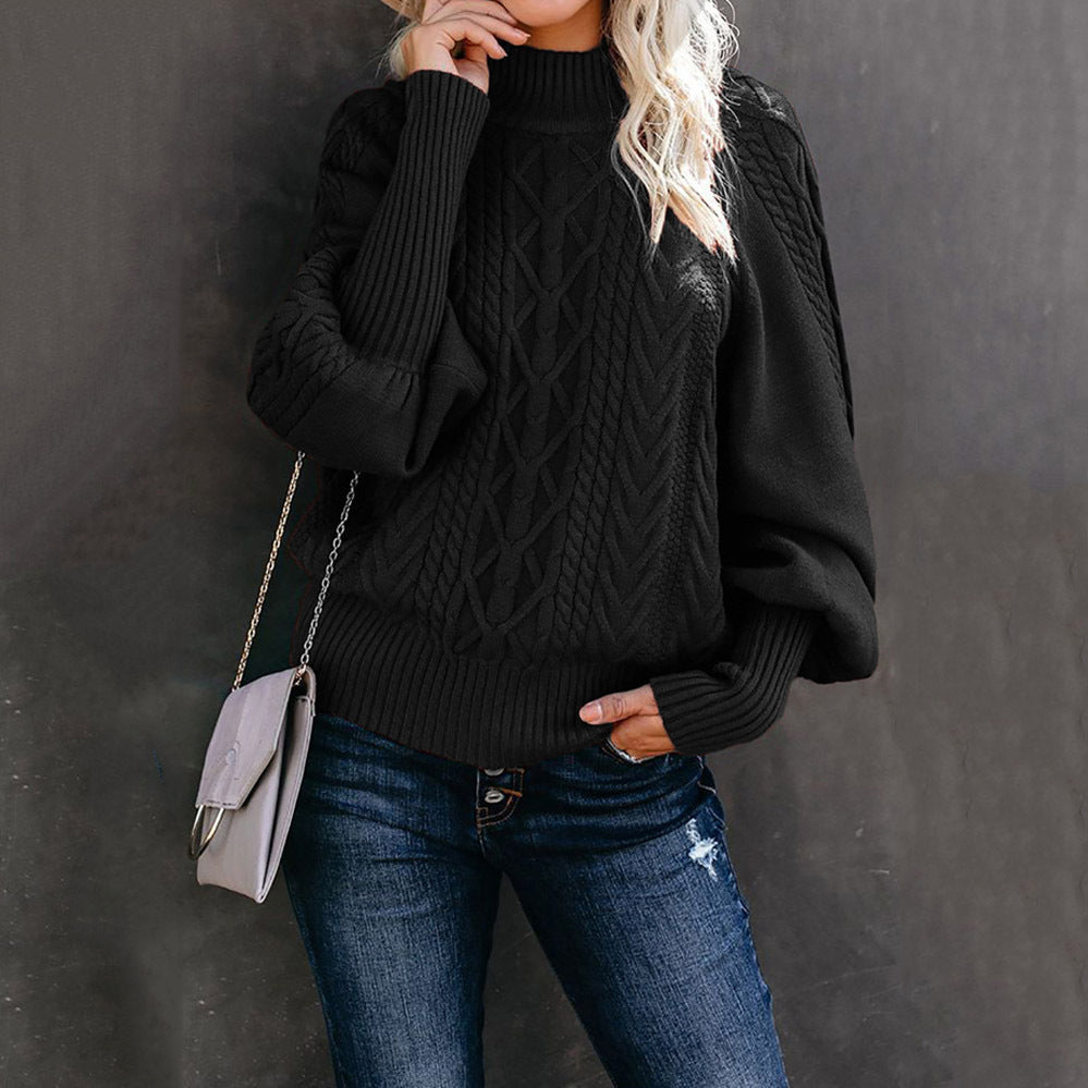 Damen nan Zopfmuster-Strickpullover mit Rollkragen und Ballonärmeln Echo Archiv