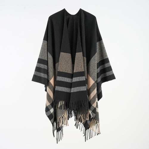 Damen Oversize-Überwurfponcho aus Wollmix mit grafischem Streifenmuster und Fransensaum – Célinea