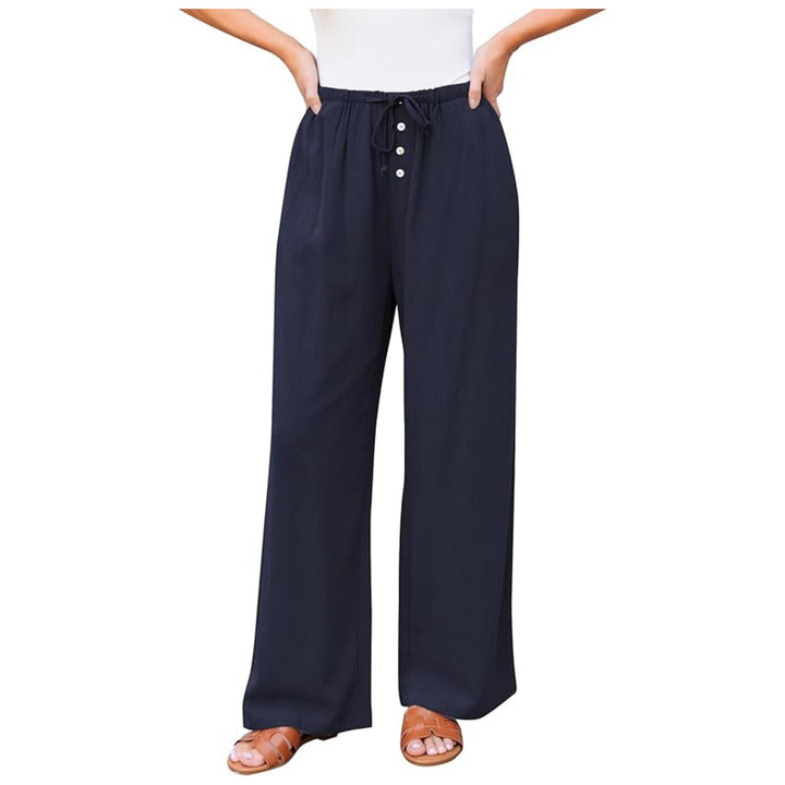 Damen weite Leinenhose mit elastischem Bund, Kordelzug und Knopfleiste Echo Archiv