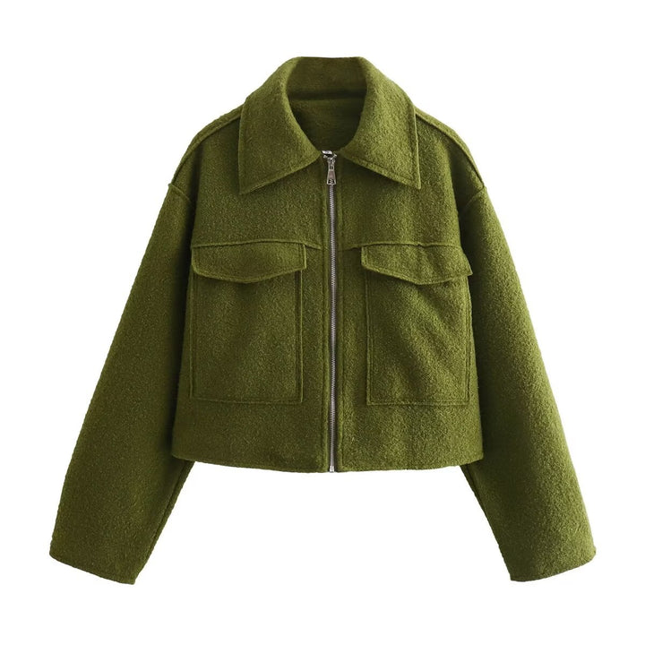 Damen Boxy-Cropped-Jacke aus Bouclé‑Wollmix mit Hemdkragen und aufgesetzten Pattentaschen Echo Archiv