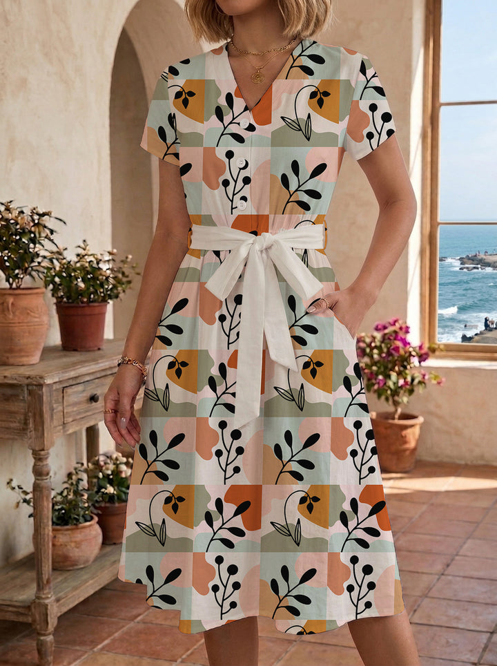Damen Midikleid mit farbenfrohem Blumendesign und taillierbarem Bindegürtel Echo Archiv