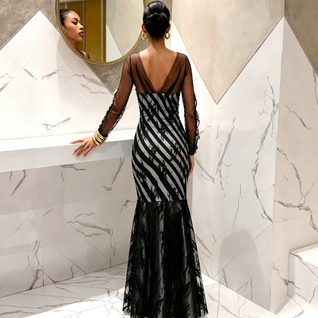 Damen Abendkleid Meerjungfrau‑Schnitt mit transparenten Ärmeln und Spitzenbesatz – Élara