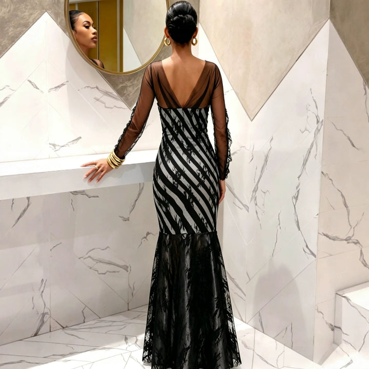 Damen Abendkleid Meerjungfrau‑Schnitt mit transparenten Ärmeln und Spitzenbesatz – Élara