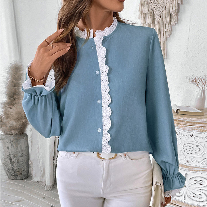 Damen Elegante Bluse mit Spitzenkragen und Rüschendetails Echo Archiv