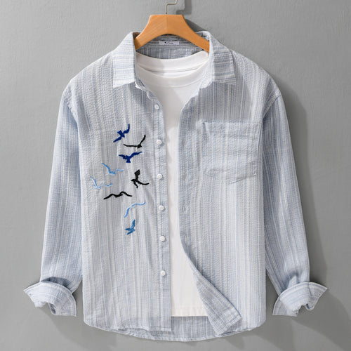 Herren Leichtes gestreiftes Overshirt aus Leinen-Baumwollmix mit Vogelstickerei Echoarchiv