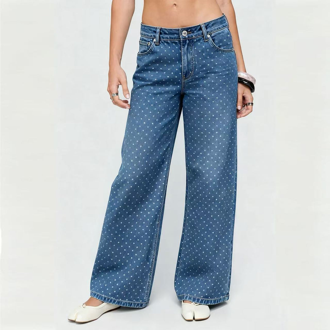 Damen nan hochgeschnittene weite Denimhose mit durchgehendem Punktmuster und klassischem Taschen-Design Echo Archiv
