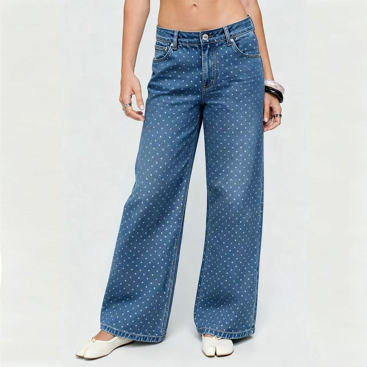 Damen nan hochgeschnittene weite Denimhose mit durchgehendem Punktmuster und klassischem Taschen-Design Echo Archiv