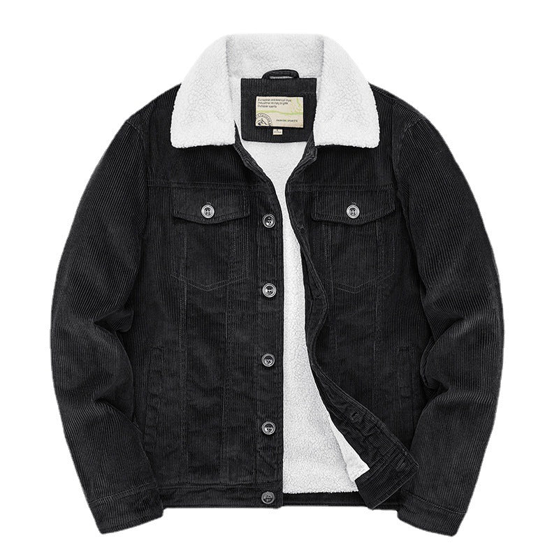 Herren Kord-Workerjacke mit durchgehendem Teddyfutter, Hemdkragen und Brusttasche Echoarchiv