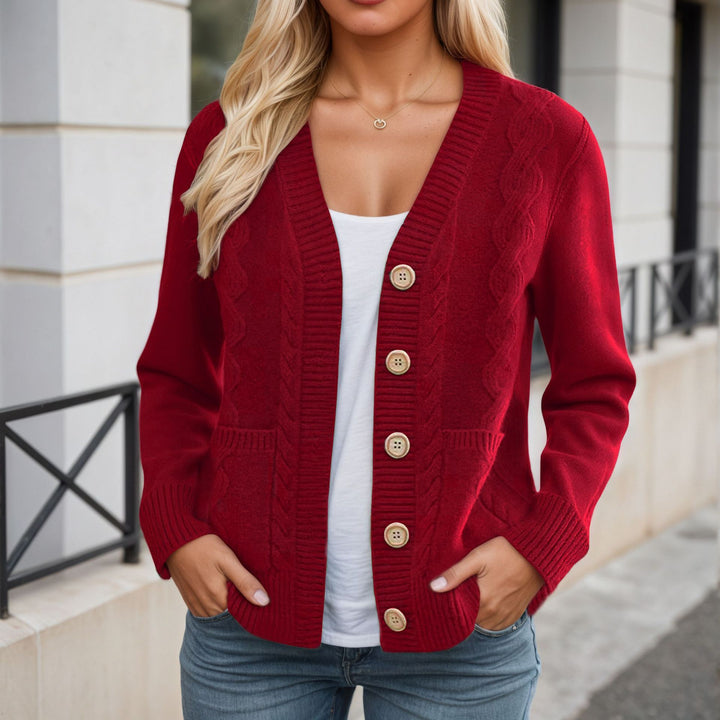 Damen nan längerer Strickcardigan mit Kabelstruktur, V-Ausschnitt und Holzknopfleiste Echo Archiv