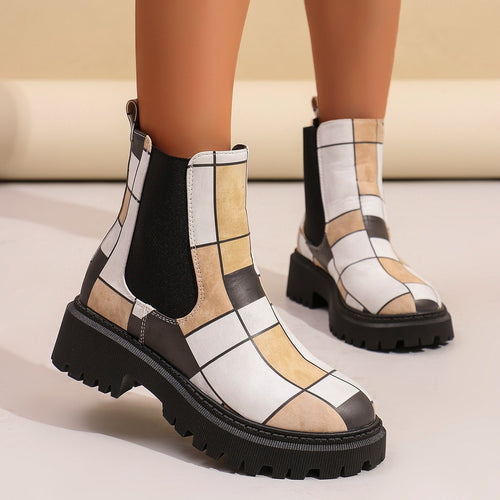 Damen Chunky Chelsea‑Boots mit buntem geometrischem Patchwork und markanter Lug‑Sohle Echo Archiv