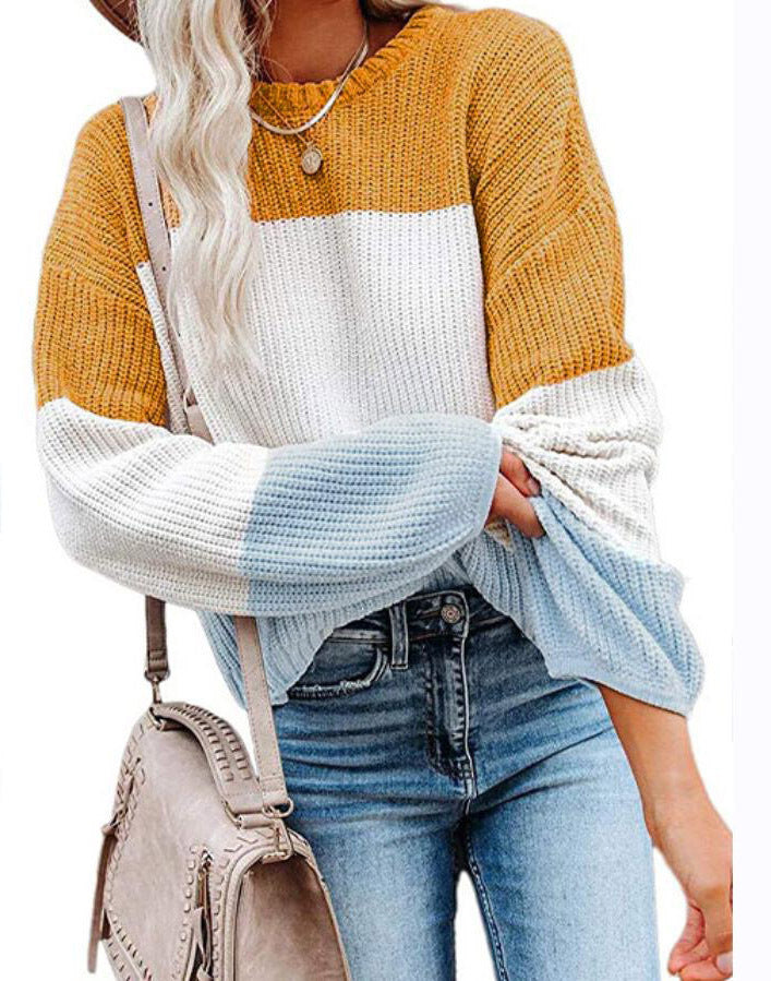 Damen Oversize Colorblock Strickpullover mit Ballonärmeln Echoarchiv