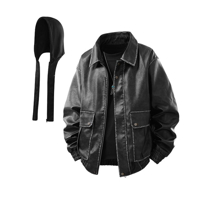 Herren Oversized Faux‑Leather Bomberjacke mit abnehmbarer Kapuze und Utility‑Taschen Echo Archiv