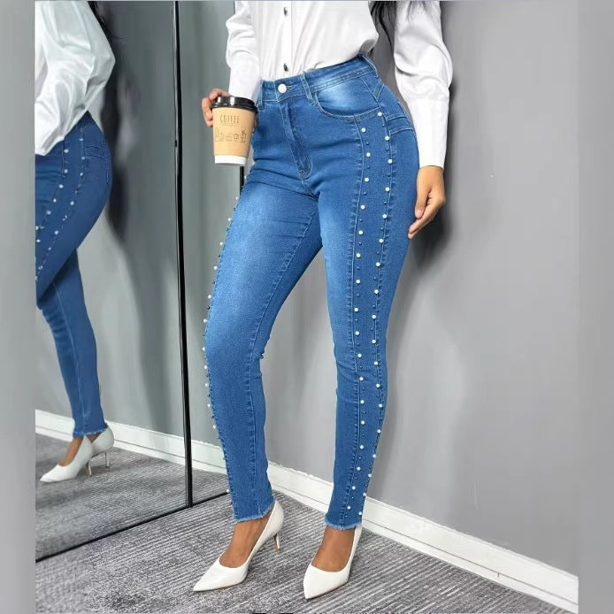 Damen Figurformende hochtaillierte Skinny-Jeans mit seitlicher Perlenzier Echo Archiv
