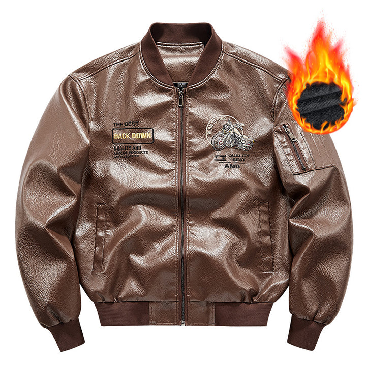 Herren Biker Lederimitat Bomberjacke mit Stickpatches und Ärmeltasche – Brevano