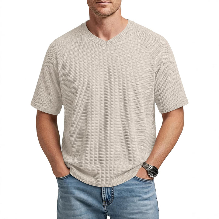 Herren nan lässiges V-Ausschnitt Waffelstrick-T-Shirt aus atmungsaktivem Baumwollmix Echo Archiv