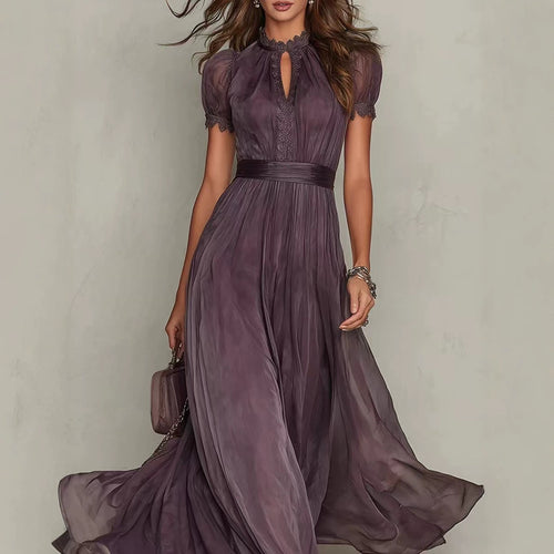Damen nan langes Chiffon-Abendkleid mit Spitzen‑Stehkragen, Schlüsselöffnung und taillierter Schärpe Echo Archiv