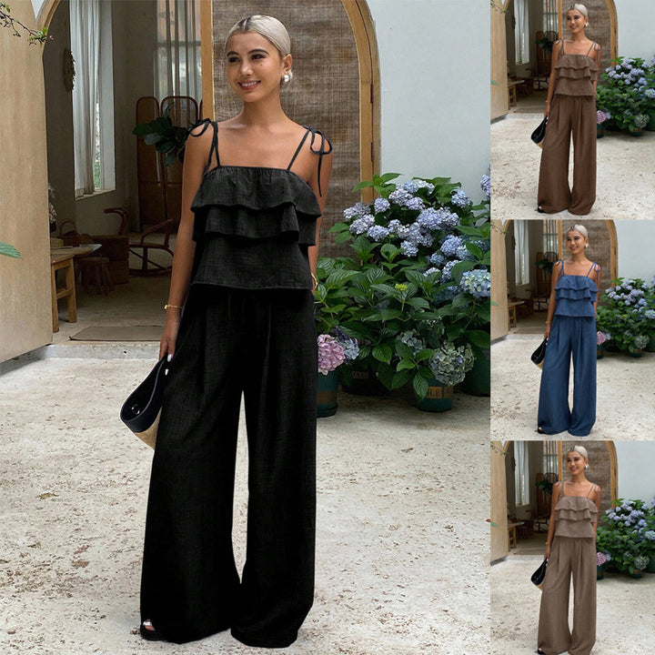 Damen Zweiteiliges Leinenoptik-Set mit mehrlagigem Volant-Top und weiten Palazzo-Hosen Echo Archiv