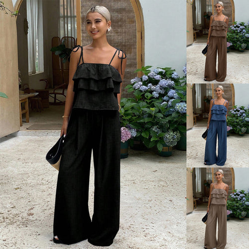 Damen Zweiteiliges Leinenoptik-Set mit mehrlagigem Volant-Top und weiten Palazzo-Hosen Echo Archiv