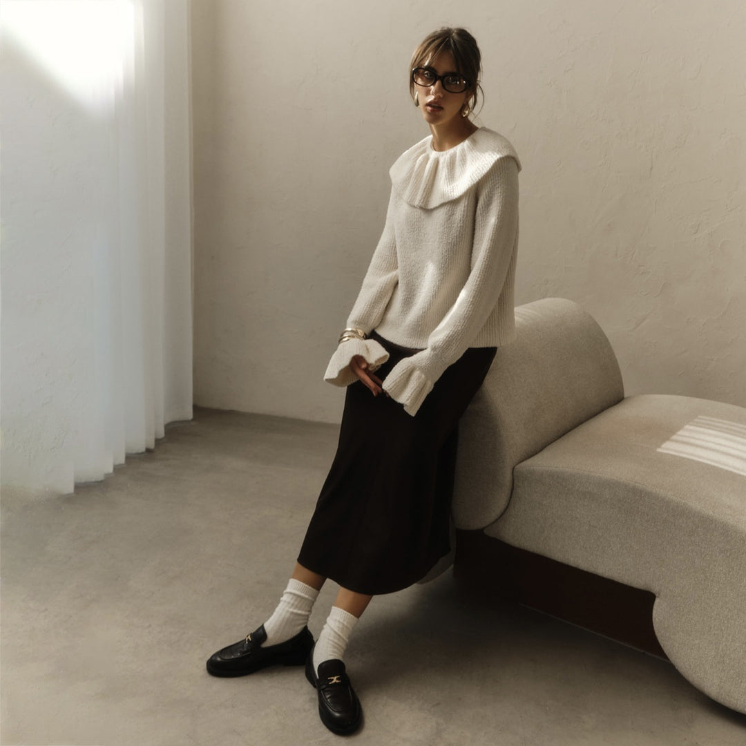Damen Pullover mit weitem Rollkragen und Volantärmeln – Mavelle