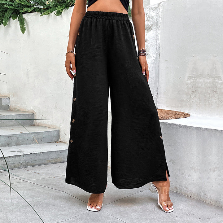 Damen Weite Palazzo-Hose mit elastischem Bund, Seitenschlitz und Zierknopfleiste Echoarchiv