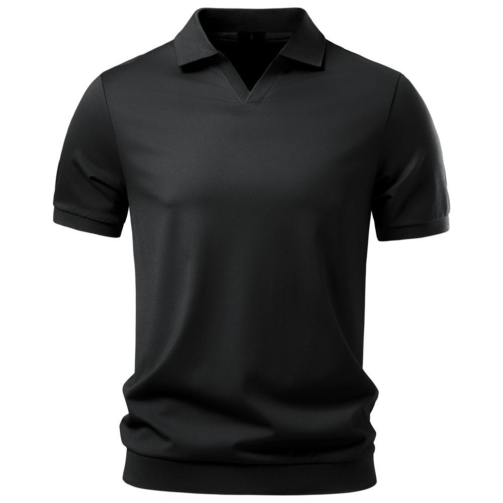 Herren nan feinstrickiges Kurzarm-Poloshirt mit offenem V-Kragen und elastischem Saum Echo Archiv