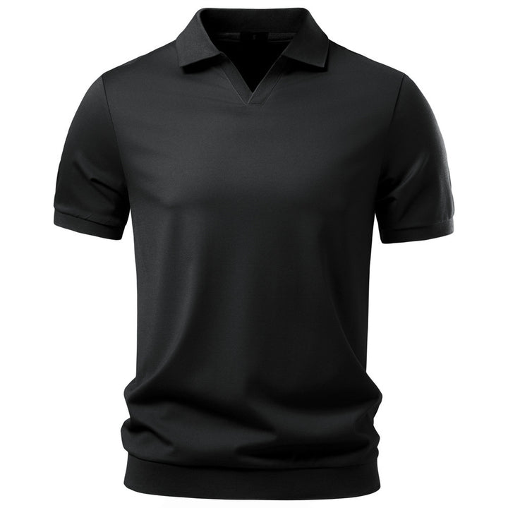 Herren nan feinstrickiges Kurzarm-Poloshirt mit offenem V-Kragen und elastischem Saum Echo Archiv