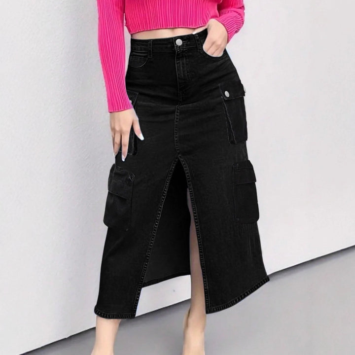 Damen hoher Taillen‑Cargo‑Denim‑Midirock mit Frontschlitz und Pattentaschen Echo Archiv