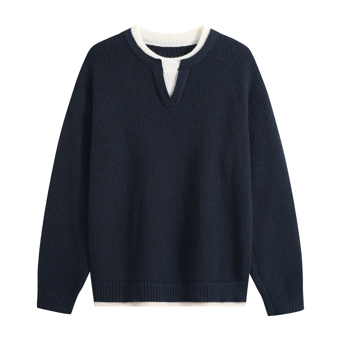 Herren Oversize-Strukturstrick-Pullover mit V‑Einsatz am Rundhals Echoarchiv