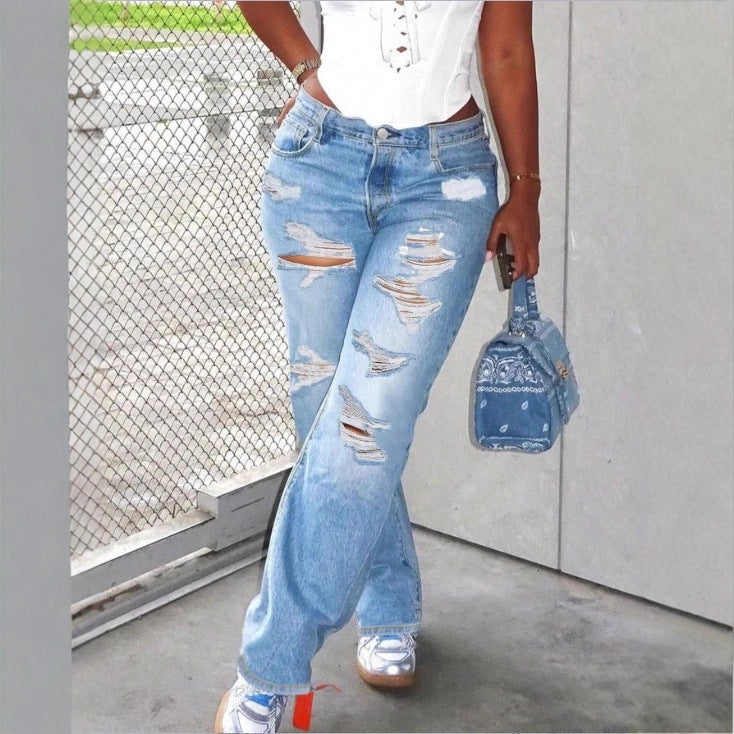 Damen Hochtaillierte Relaxed-Fit Straight-Jeans mit ausgeprägten Destroyed-Details Echo Archiv
