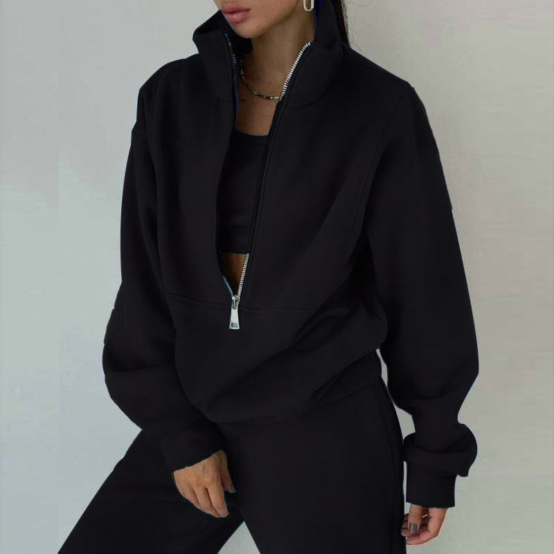 Damen nan kurzes Halbzip-Sweatshirt-und-Jogginghose-Set mit Stehkragen, oversized Schnitt und weichem French-Terry Echo Archiv