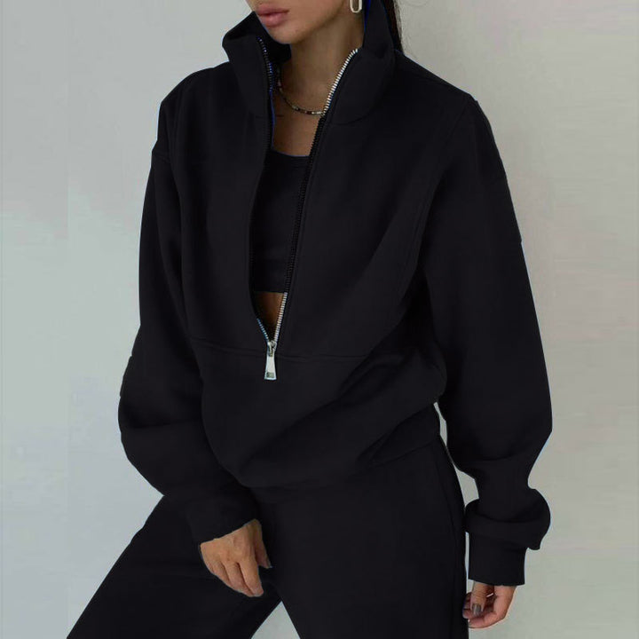Damen nan kurzes Halbzip-Sweatshirt-und-Jogginghose-Set mit Stehkragen, oversized Schnitt und weichem French-Terry Echo Archiv