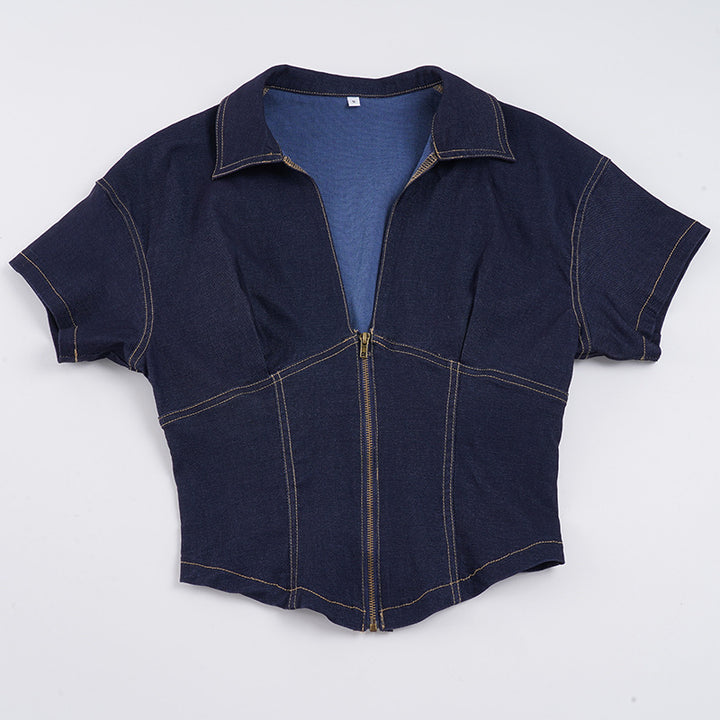 Damen modisches Jeanshemd mit kurzen Ärmeln und Frontreißverschluss Echo Archiv