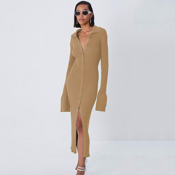 Damen Figurbetontes Rippenstrick-Knopfkleid mit Polokragen Drune