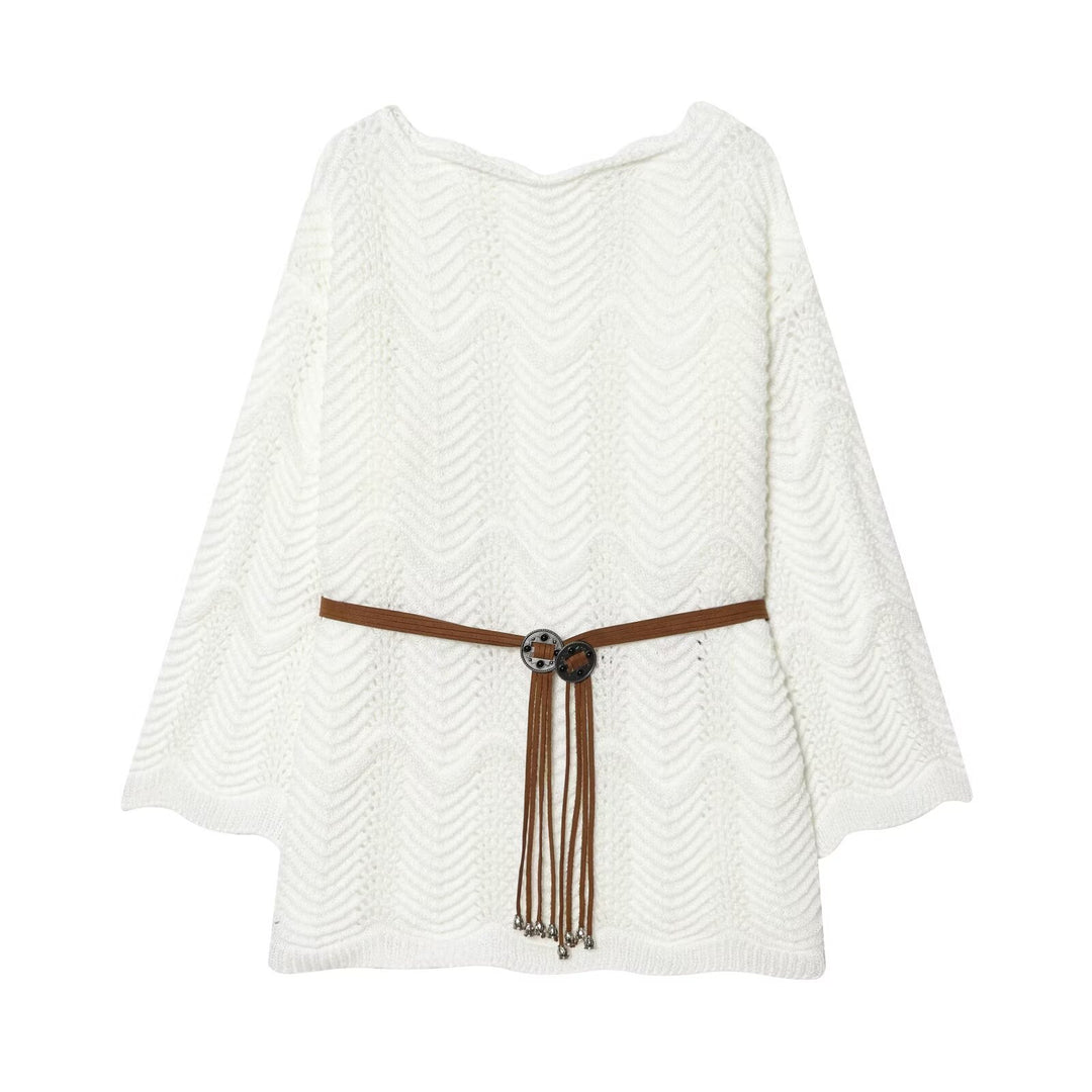 Damen Gestricktes Poncho-Cape mit Ajourmuster und Lederquasten-Gürtel Echo Archiv