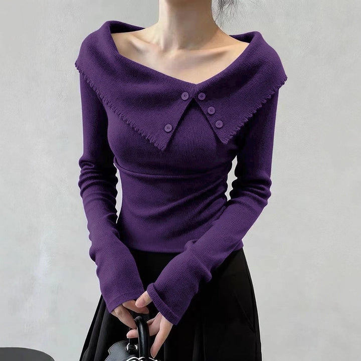 Damen Eleganter Pullover mit weitem Kragen und Knopfdetails Echo Archiv