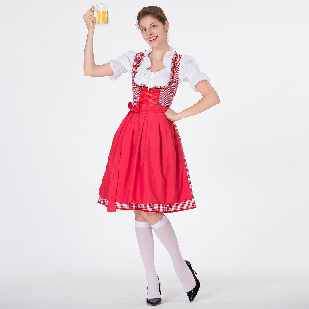 Damen nan karierter Dirndlkleid mit geraffter Schürze und geschnürter Miederfront Echo Archiv